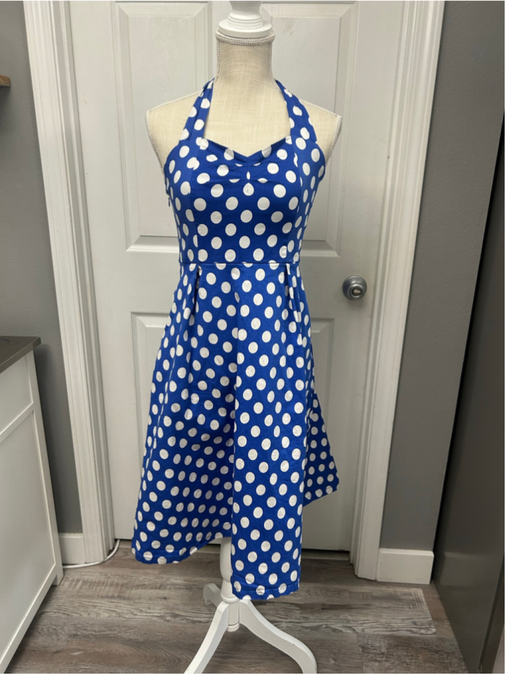 NWT Luouse blue and while polka dot halter vintage retro style dress Sz L